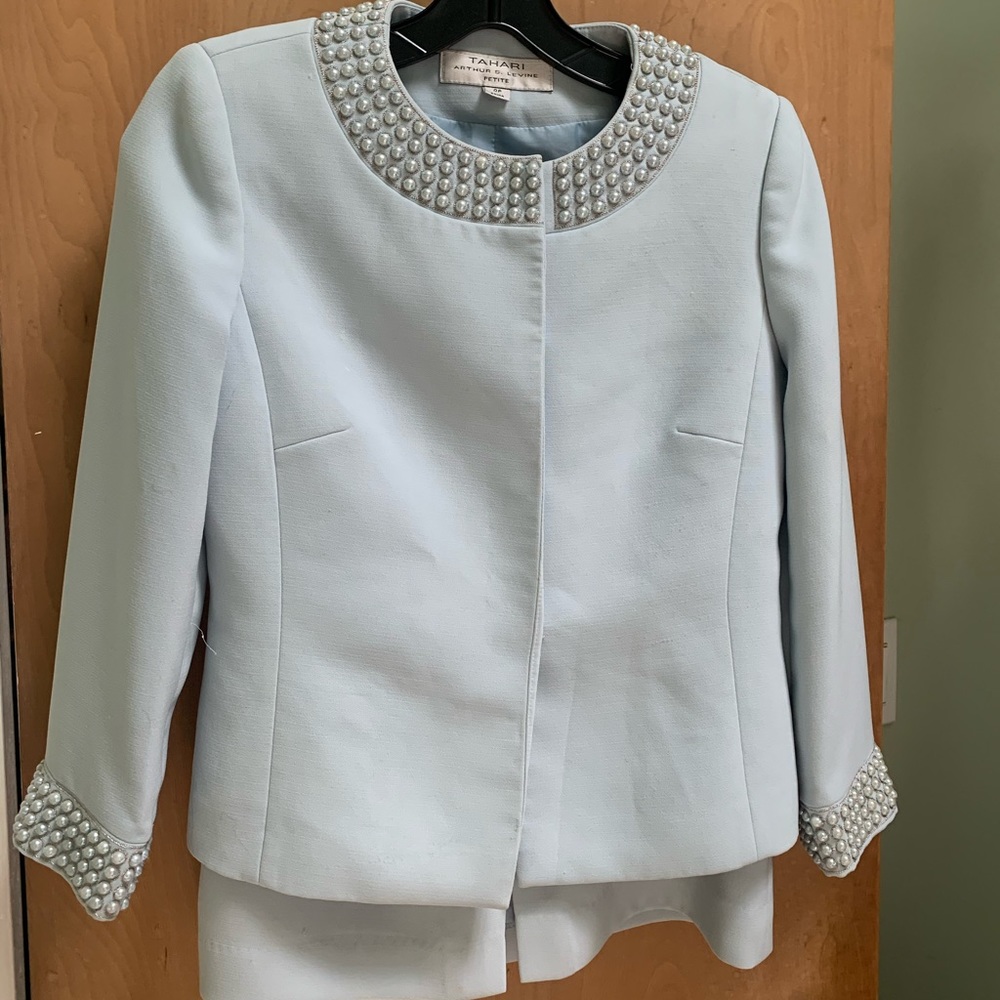 Tahari light blue pearl suit